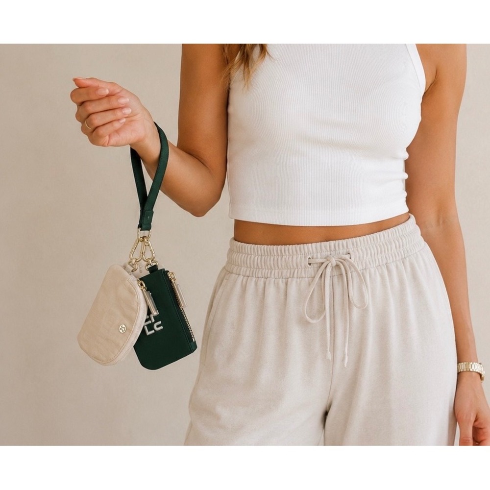 Lululemon Dual Pouch Wristlet Forest Green White Opal Keychain Wallet NWT